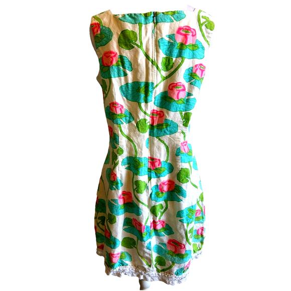 VTG Lilly Pulitzer Linen Dress 6 Frogs In Lily Pads Shift Lace Flower RARE 90s - Picture 3 of 15